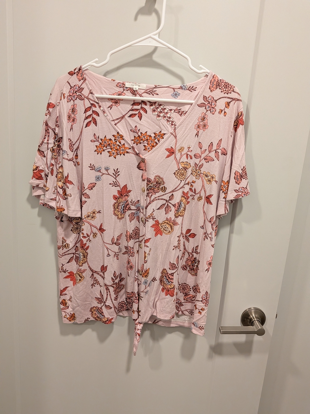 Maurices Pink Floral Tie-Front Flutter Sleeve Top